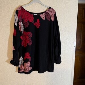 Chico's Floral Knit Sweater Womens L Black Red Long Sleeve Crew Neck Pullover